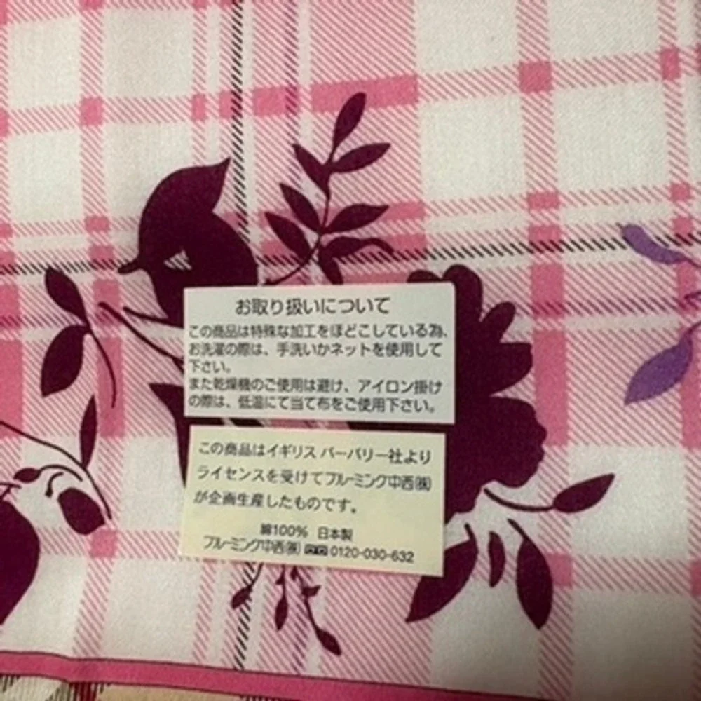 Vtg BURBERRY Scarf Handkerchief Plaid Floral Cotton Pink 19.5